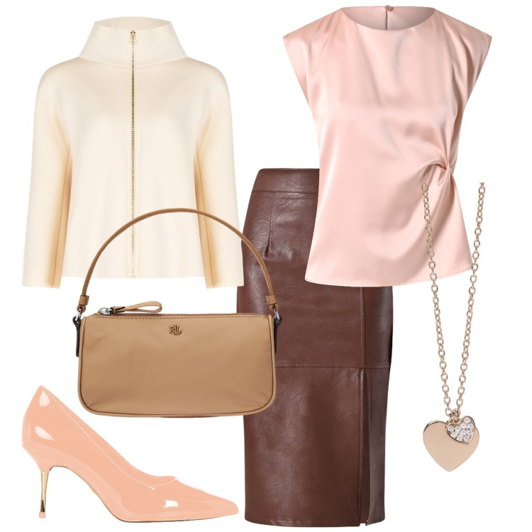 Outfit donna - Total look #2062471. Stile Chic per Ufficio. Abbinamento con ciondoli, gonne longuette, top, décolleté, cappe, pochette.