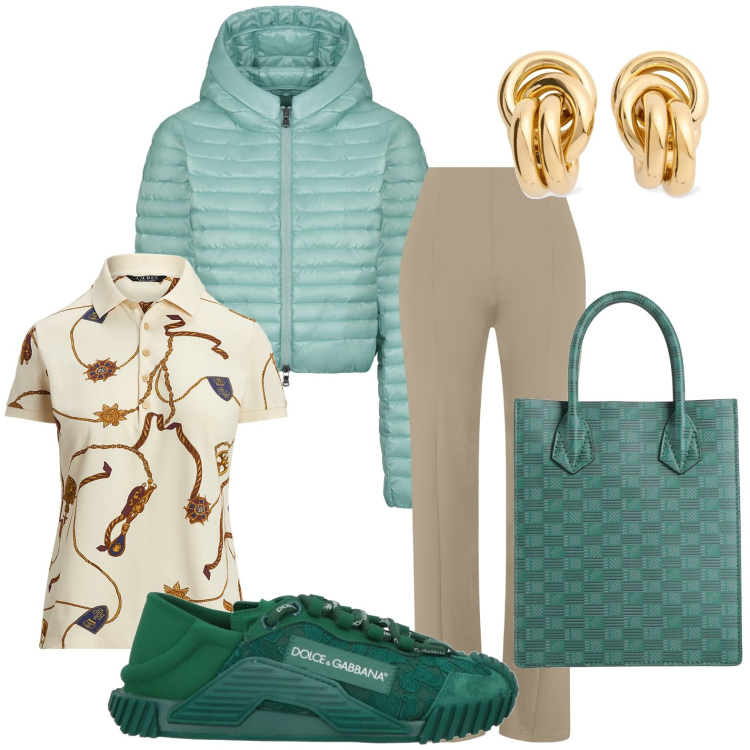 Outfit donna - Stilosa. Stile Minimal per Scuola/Università. Abbinamento con sneakers, borse a mano, pantaloni skinny, polo, piumini, orecchini.