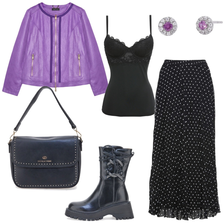 Outfit donna - Che grinta!. Stile Rock per Tutti i giorni. Abbinamento con canottiere, gonne, orecchini, borse a tracolla, stivaletti, blazer.
