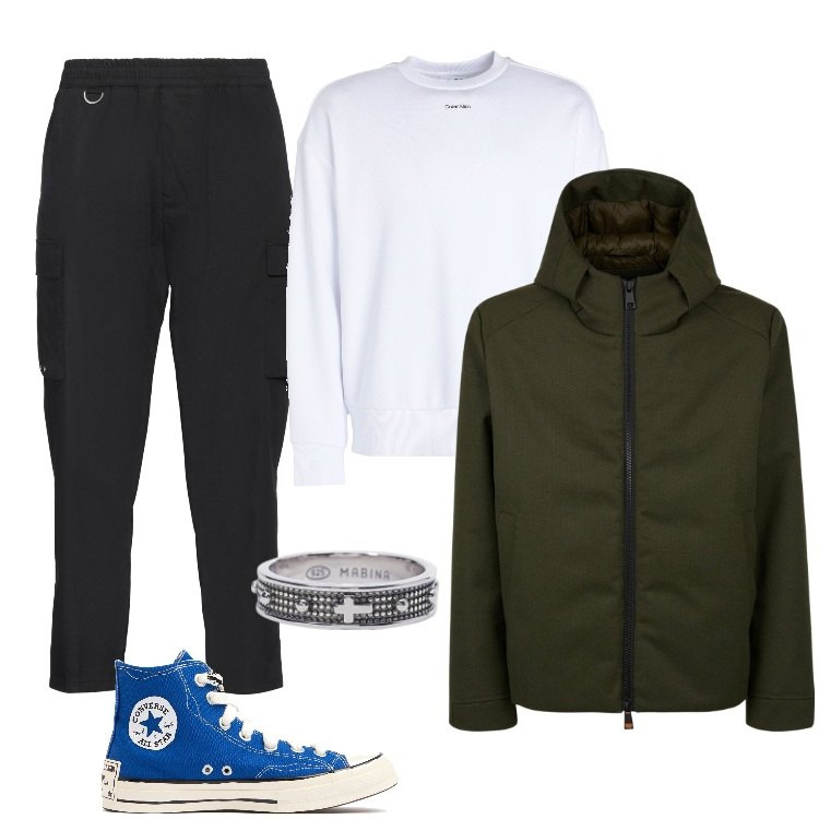 Outfit uomo - Sneakers alte. Stile Trendy per Tutti i giorni. Abbinamento con felpe, pantaloni cargo, anelli, giacche, sneakers.