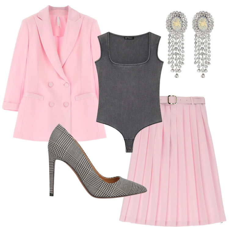 Outfit donna - Febbraio in rosa. Stile Glamour per Serata fuori. Abbinamento con décolleté, gonne longuette, blazer, body, orecchini.