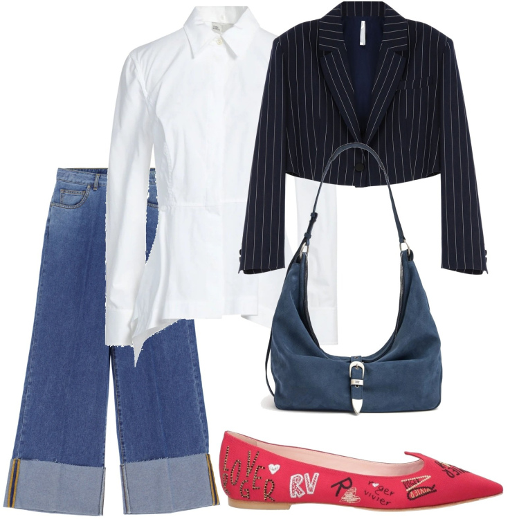 Outfit donna - Un tocco di denim. Stile Minimal per Serata fuori. Abbinamento con ballerine, camicie, blazer, jeans, borse a spalla.