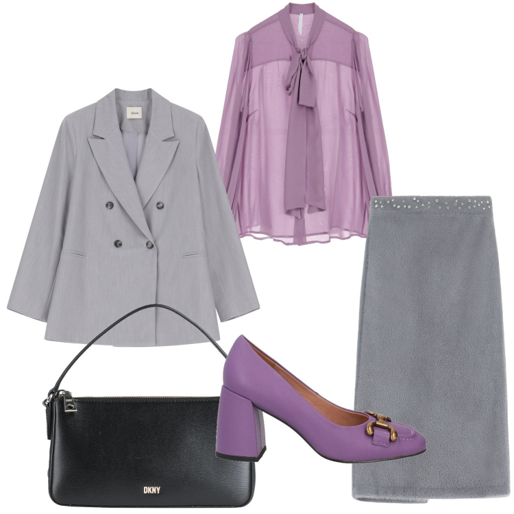 Outfit donna - Lilla e grey. Stile Chic per Ufficio. Abbinamento con décolleté, borse a mano, camicie, gonne, blazer.