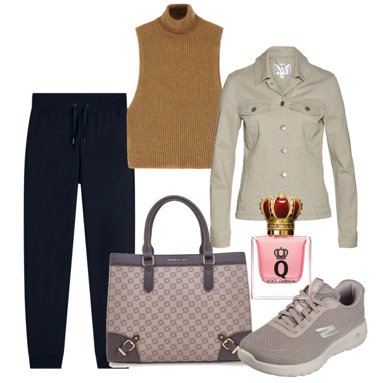 Outfit donna - Fine inverno. Stile Basic per Tutti i giorni. Abbinamento con blazer, profumi, maglieria, pantaloni, borse a tracolla, sneakers.