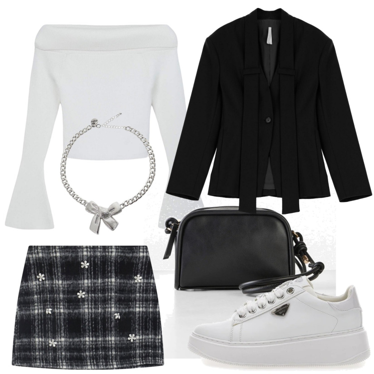 Outfit donna - Total look #2062485. Stile Casual per Serata fuori. Abbinamento con borse a tracolla, maglieria, blazer, minigonne, collane, sneakers.