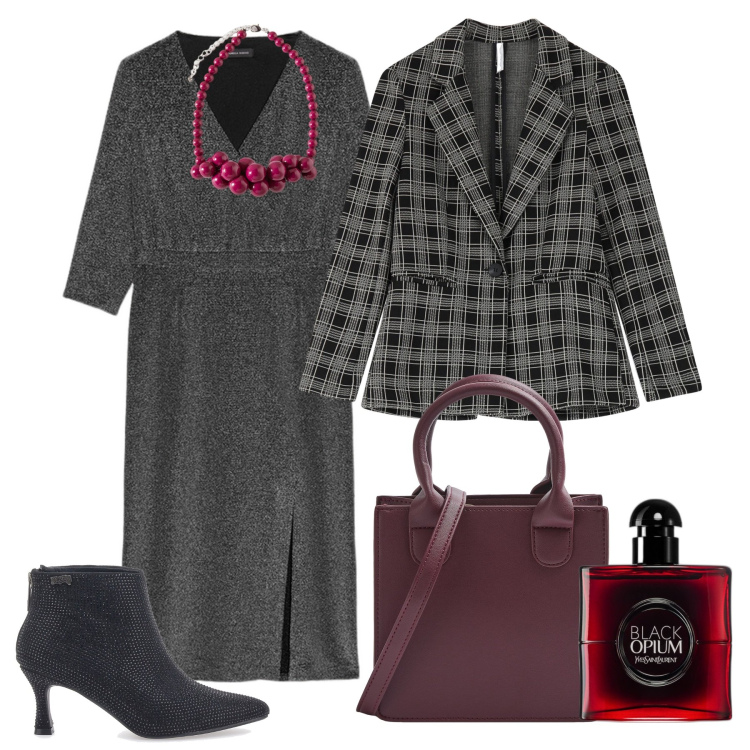 Outfit donna - Febbraio. Stile Bon Ton per Tutti i giorni. Abbinamento con profumi, shopping bag, blazer, vestiti lunghi, stivaletti, collane.