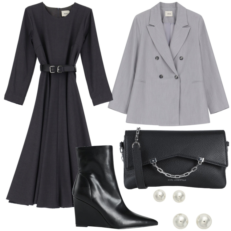 Outfit donna - Abito passepartout. Stile Casual chic per Ufficio. Abbinamento con stivaletti, borse a tracolla, orecchini, blazer, vestiti midi/longuette.