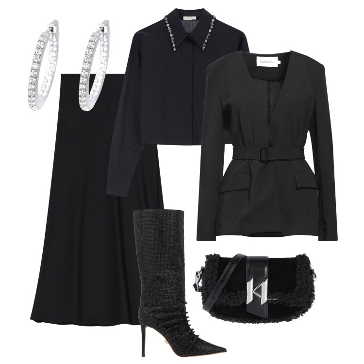 Outfit donna - Serata total black. Stile Chic per Serata fuori. Abbinamento con stivali, blazer, borse a spalla, orecchini, camicie, gonne lunghe.