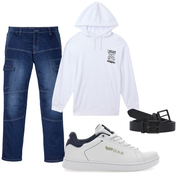 Outfit uomo - Total look #2062502. Stile Casual per Tutti i giorni. Abbinamento con jeans dritti, felpe con cappuccio, cinture, sneakers.