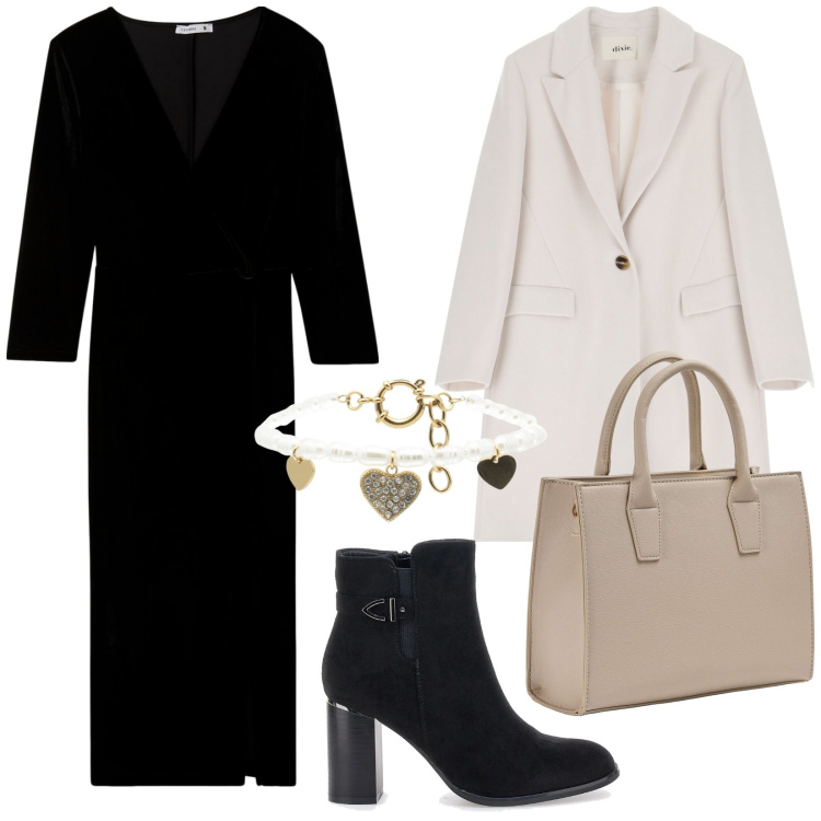 Outfit donna - Perfetta da mattina a sera. Stile Chic per Ufficio. Abbinamento con vestiti lunghi, shopping bag, cappotti, braccialetti, stivaletti.