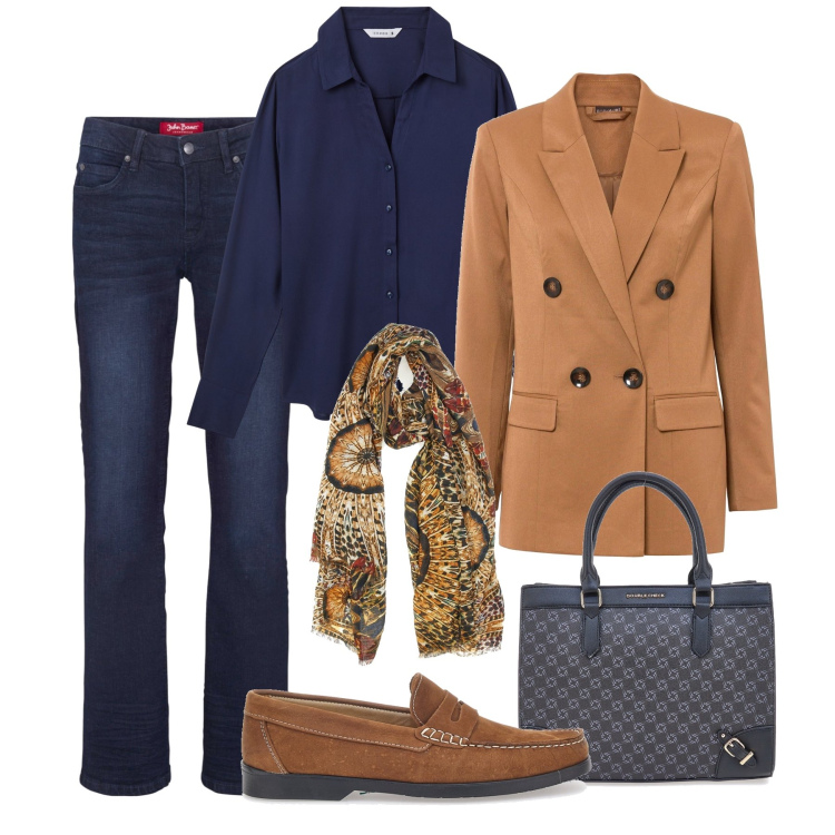 Outfit donna - Jeans, blazer e mocassini. Stile Minimal per Tutti i giorni. Abbinamento con jeans bootcut, blazer, camicie, mocassini, borse a tracolla, foulard.
