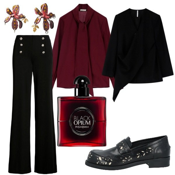 Outfit donna - Serata fuori. Stile Glamour per Serata fuori. Abbinamento con mocassini, orecchini, profumi, camicie, blazer, pantaloni.