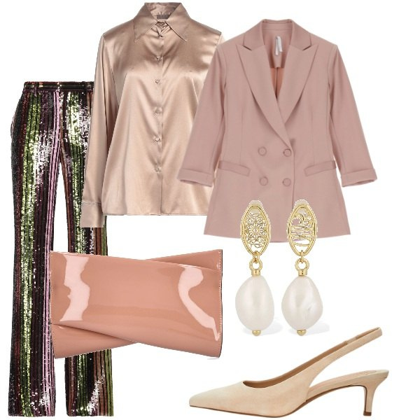 Outfit donna - Serata romantica. Stile Glamour per Serata fuori. Abbinamento con camicie, pantaloni, blazer, décolleté, pochette, orecchini.