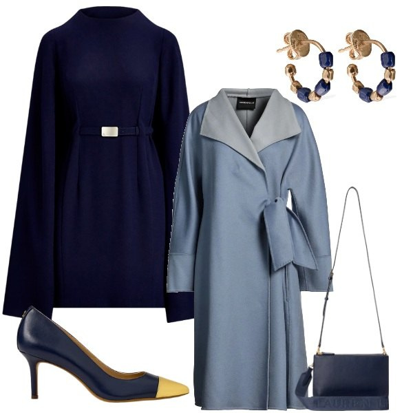 Outfit donna - Invito a cena. Stile Glamour per Serata fuori. Abbinamento con cappotti, borse a tracolla, décolleté, vestiti, orecchini.