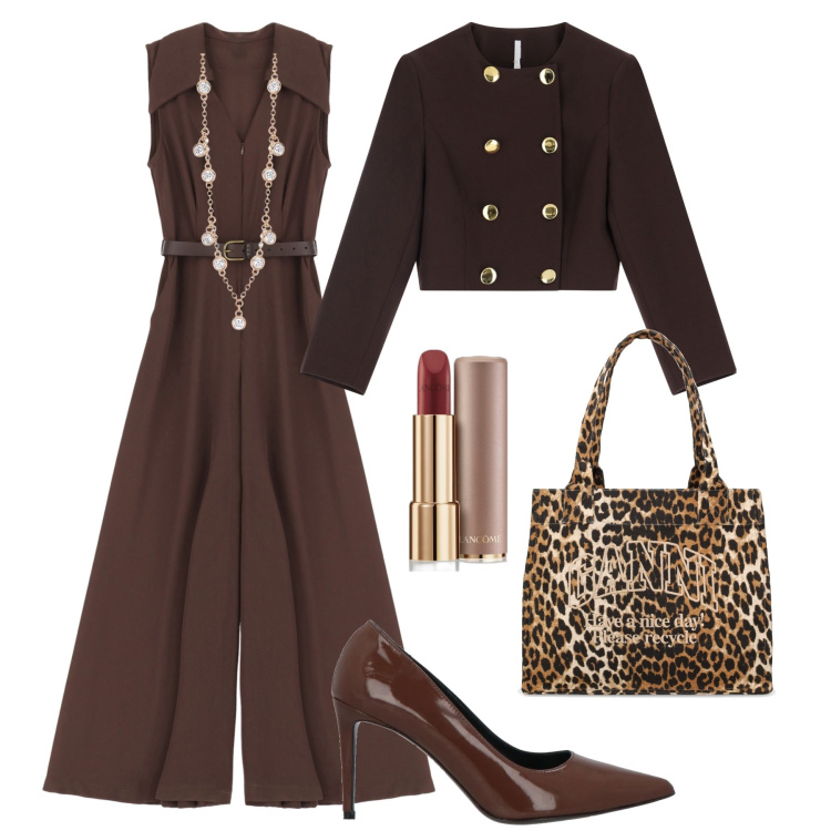 Outfit donna - Toni del marrone ufficio e cena. Stile Glamour per Ufficio. Abbinamento con décolleté, rossetti, collane, blazer, tute, shopping bag.