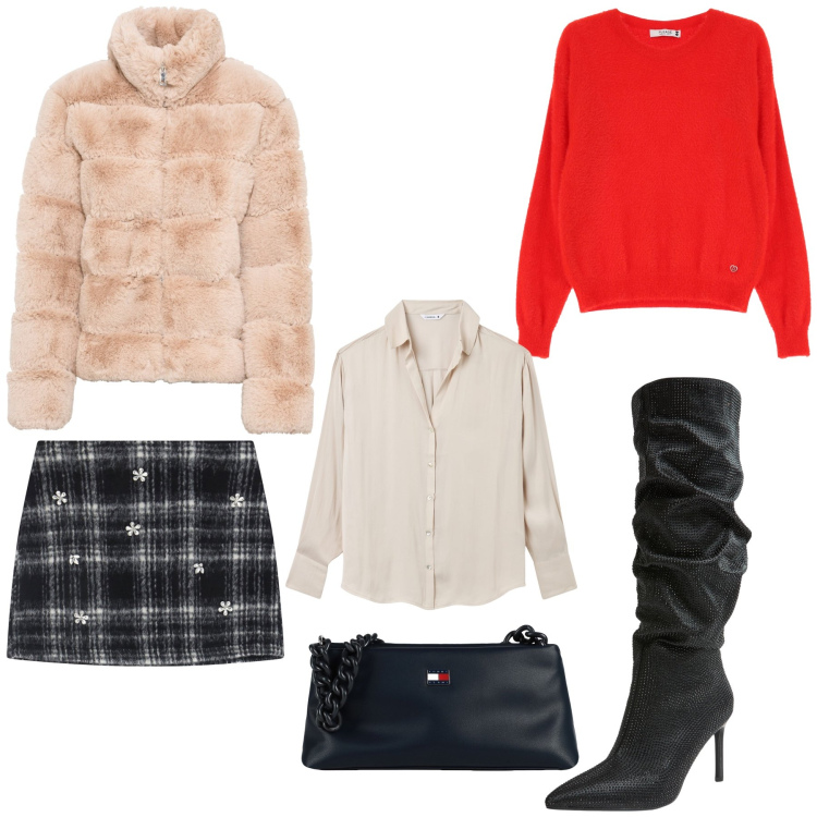 Outfit donna - San Valentino a cena con lui. Stile Glamour per Serata fuori. Abbinamento con ecopellicce, borse a mano, camicie, stivali, maglieria, minigonne.