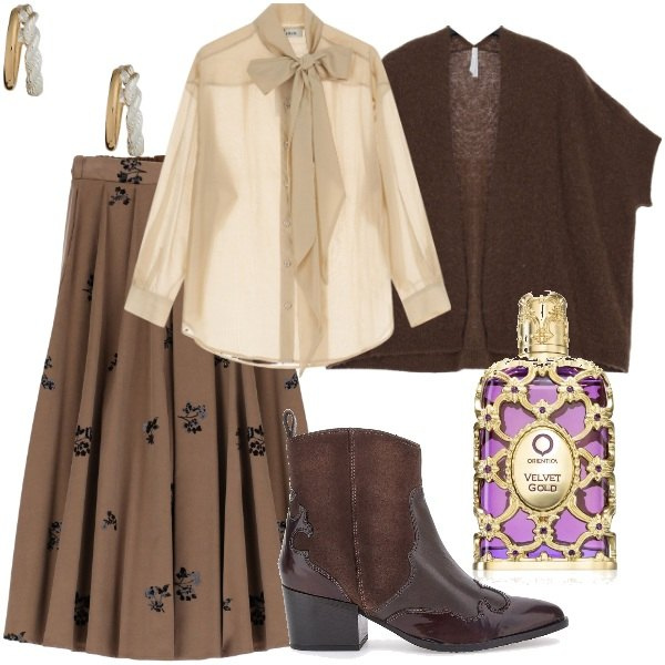 Outfit donna - Invito a cena. Stile Glamour per Serata fuori. Abbinamento con profumi, gonne lunghe, cardigans, camicie, orecchini, stivaletti texani.