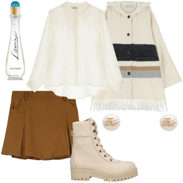 Outfit donna - Domenica mattina. Stile Casual chic per Tutti i giorni. Abbinamento con orecchini, anfibi, profumi, cappotti, minigonne, camicie.