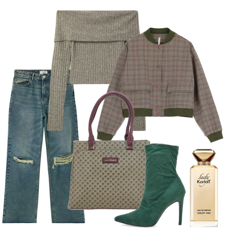 Outfit donna - Febbraio. Stile Urban per Tutti i giorni. Abbinamento con profumi, jeans strappati, maglieria, bomber, stivaletti, borse a spalla.