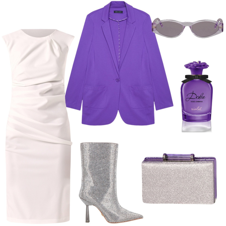 Outfit donna - Dettagli scintillanti. Stile Glamour per Serata fuori. Abbinamento con stivaletti, occhiali da sole, profumi, pochette, vestiti a tubino, blazer.