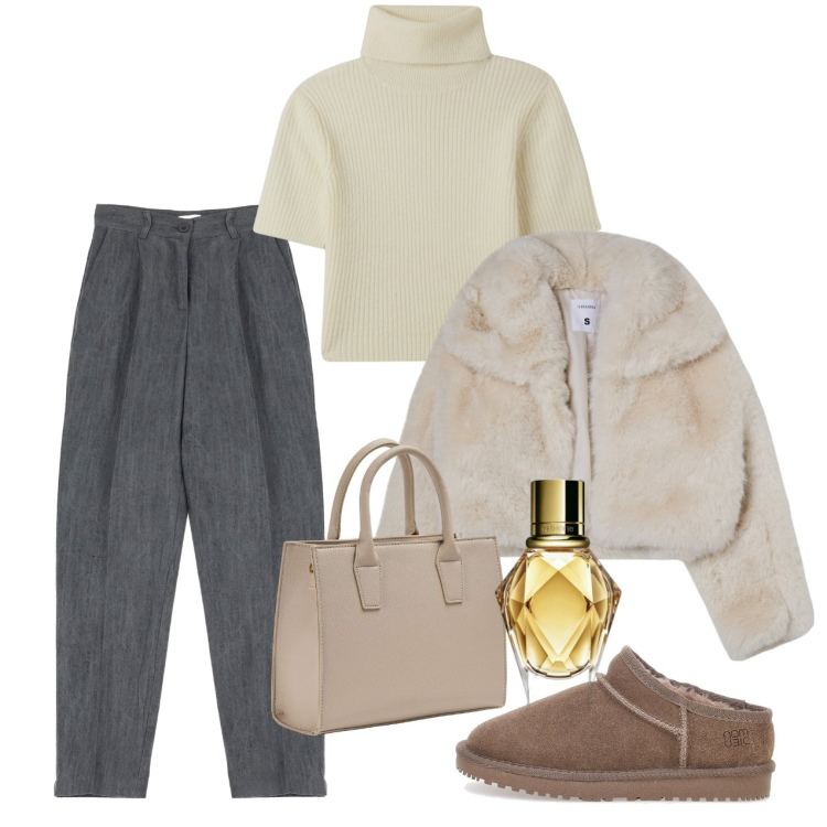Outfit donna - Febbraio. Stile Casual per Tutti i giorni. Abbinamento con profumi, maglieria, blazer, shopping bag, pantaloni, zoccoli.