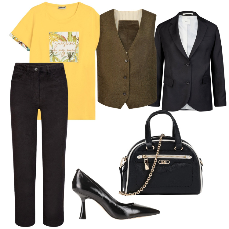Outfit donna - A lavoro. per Ufficio. Abbinamento con décolleté, borse a mano, t-shirt, pantaloni, gilet, blazer.