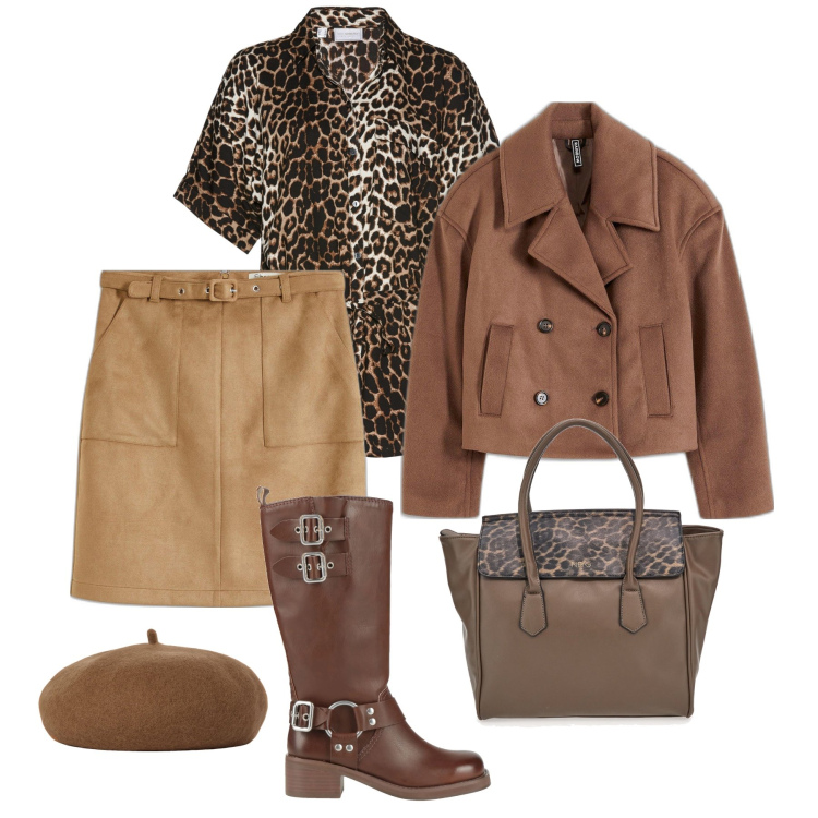 Outfit donna - Un tocco animalier in città. Stile Urban per Tutti i giorni. Abbinamento con gonne, caban, camicie a manica corta, stivali, cappelli e berretti, borse a mano.