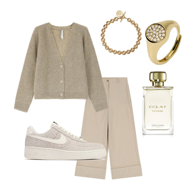 Outfit donna - Confòrt Eleganza. Stile Casual per Tutti i giorni. Abbinamento con profumi, anelli, cardigans, pantaloni, braccialetti, sneakers.