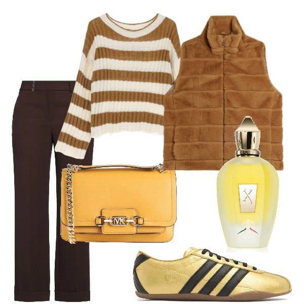 Outfit donna - A spasso per la città. Stile Trendy per Tutti i giorni. Abbinamento con borse a spalla, pantaloni, profumi, maglieria, gilet, sneakers.