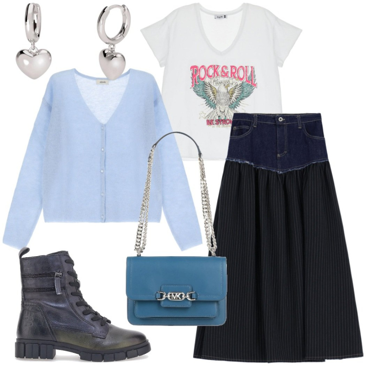 Outfit donna - Con le amiche. Stile Urban per Tutti i giorni. Abbinamento con borse a spalla, orecchini, gonne lunghe, t-shirt, cardigans, anfibi.