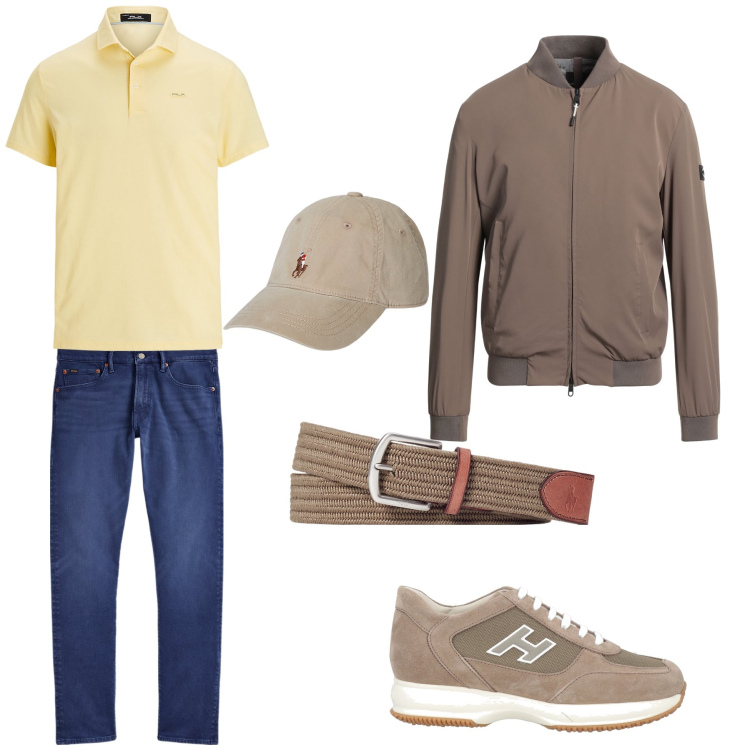 Outfit uomo - Passeggiata in città. Stile Urban per Tutti i giorni. Abbinamento con sneakers, giacche, cappelli, cinture, jeans, polo.