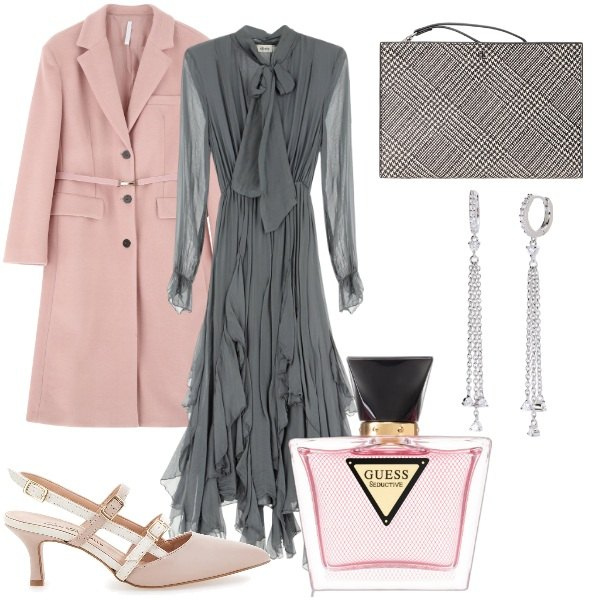 Outfit donna - Compleanno a sopresa. Stile Chic per Serata fuori. Abbinamento con profumi, orecchini, cappotti, vestiti lunghi, pochette, décolleté.