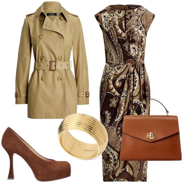 Outfit donna - Chic. Stile Chic per Serata fuori. Abbinamento con décolleté, borse a mano, trench, vestiti, anelli.