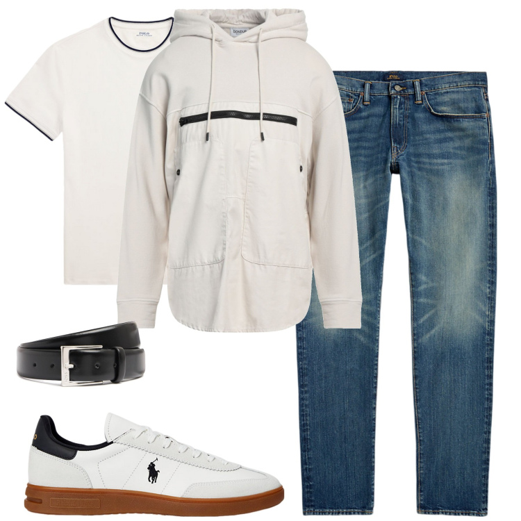 Outfit uomo - City. Stile Casual per Tutti i giorni. Abbinamento con felpe con cappuccio, t-shirt, sneakers, jeans, cinture.