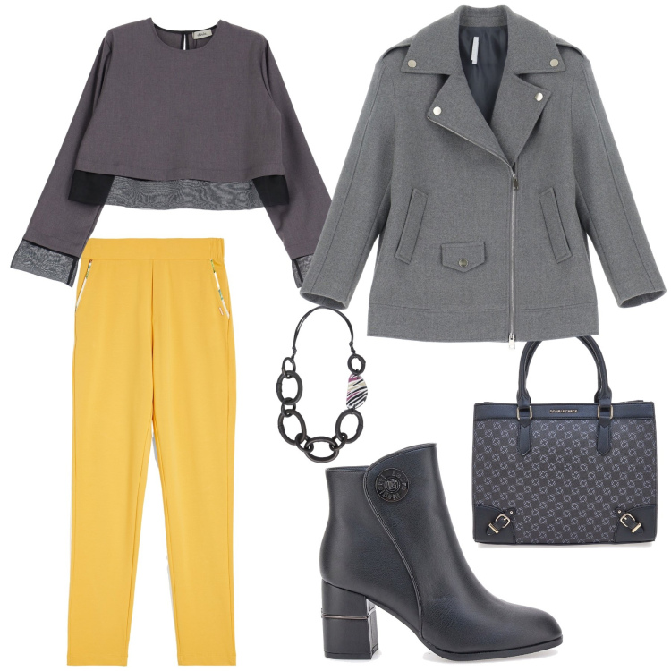 Outfit donna - Giallo come il sole. Stile Urban per Tutti i giorni. Abbinamento con blazer, pantaloni, bluse, borse a tracolla, stivaletti, collane.
