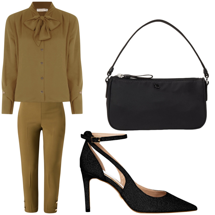 Outfit donna - Aperitivo. Stile Trendy per Tutti i giorni. Abbinamento con pantaloni, bluse, décolleté, pochette.