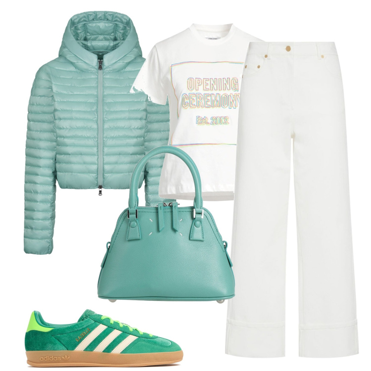 Outfit donna - City. Stile Casual chic per Tutti i giorni. Abbinamento con borse a mano, t-shirt, piumini, jeans, sneakers.