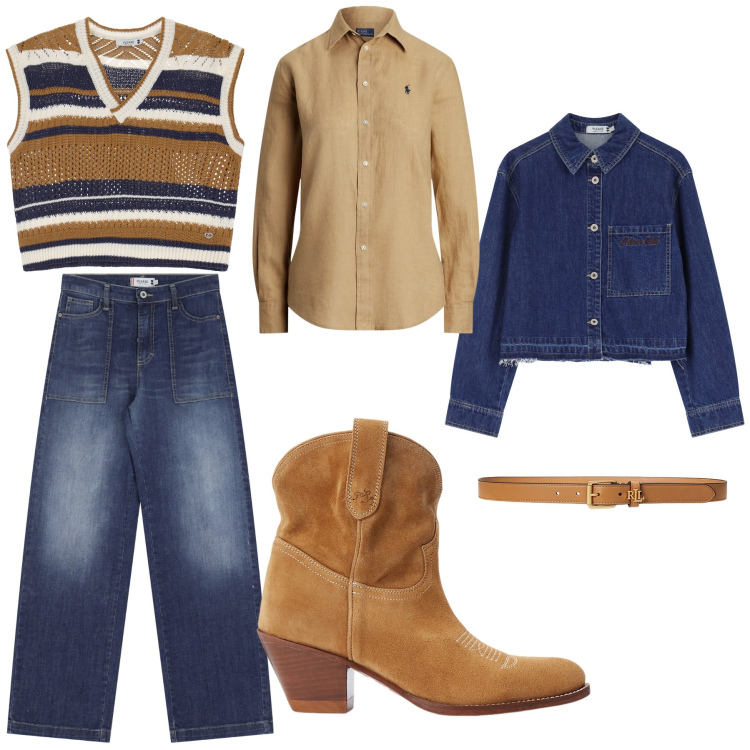 Outfit donna - Stile cowboy. Stile Trendy per Tutti i giorni. Abbinamento con blazer, maglieria, jeans, camicie, stivaletti, cinture.