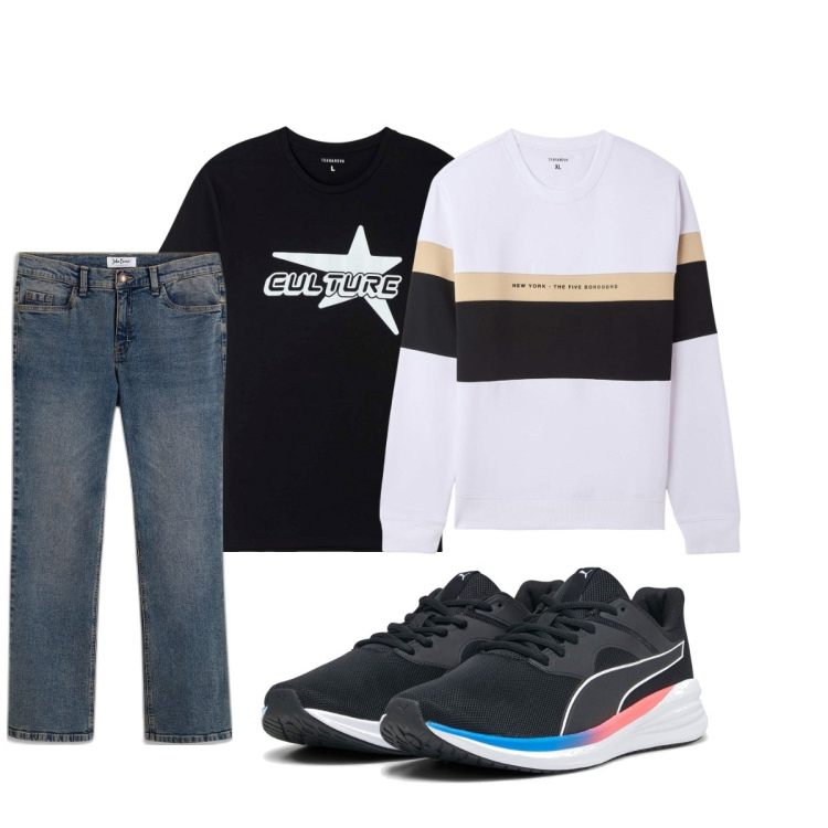 Outfit uomo - Total look #2062614. Stile Casual per Tutti i giorni. Abbinamento con jeans bootcut, t-shirt, felpe con cappuccio, sneakers.