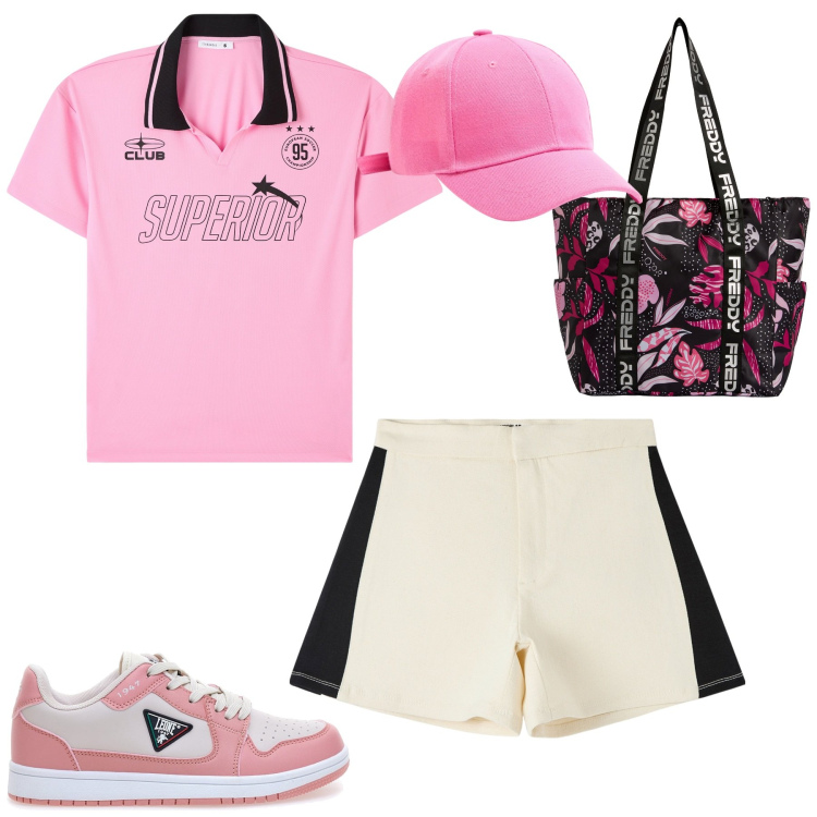 Outfit donna - Sporty. Stile Casual per Tutti i giorni. Abbinamento con shorts, cappelli, polo, shopping bag, sneakers.
