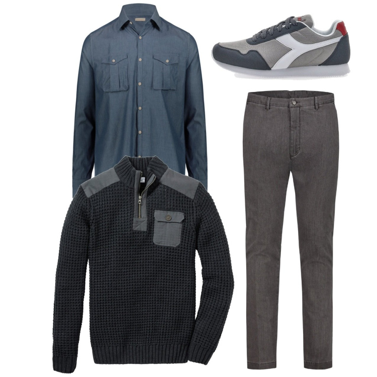 Outfit uomo - City. Stile Casual per Tutti i giorni. Abbinamento con maglieria, camicie, sneakers, pantaloni.