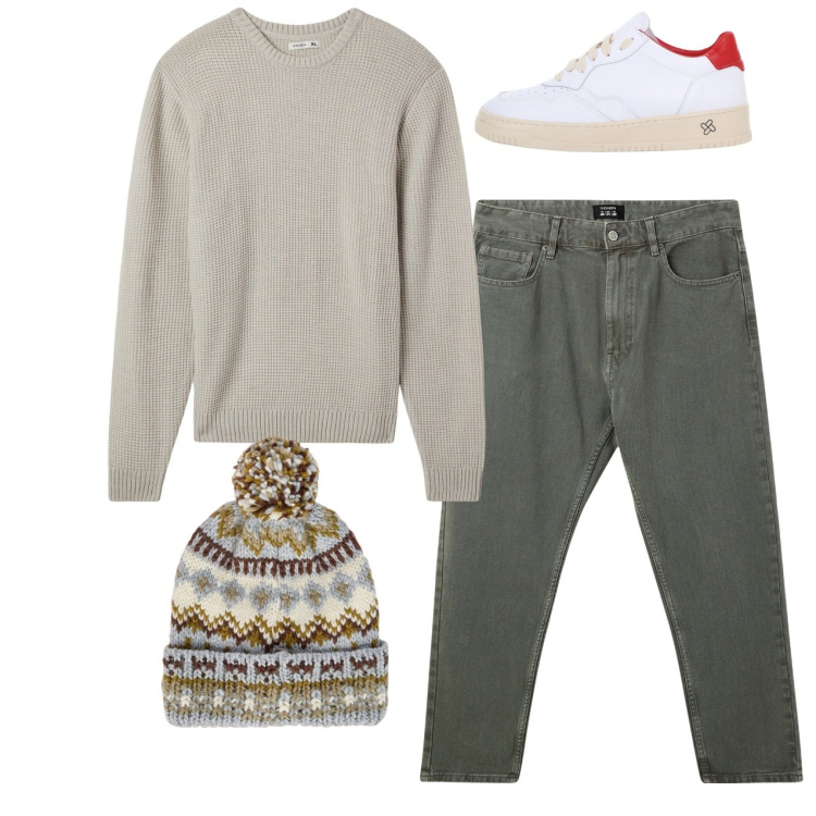 Outfit uomo - City. Stile Casual per Tutti i giorni. Abbinamento con pantaloni, maglieria, sneakers, berretti.