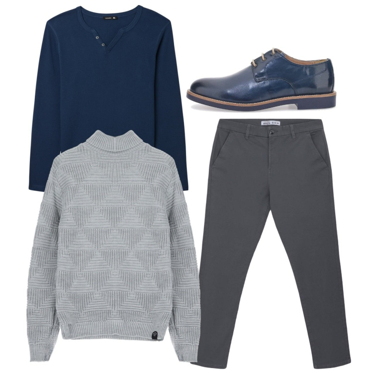Outfit uomo - City. Stile Casual per Tutti i giorni. Abbinamento con pantaloni chino, t-shirt, maglieria, scarpe stringate.