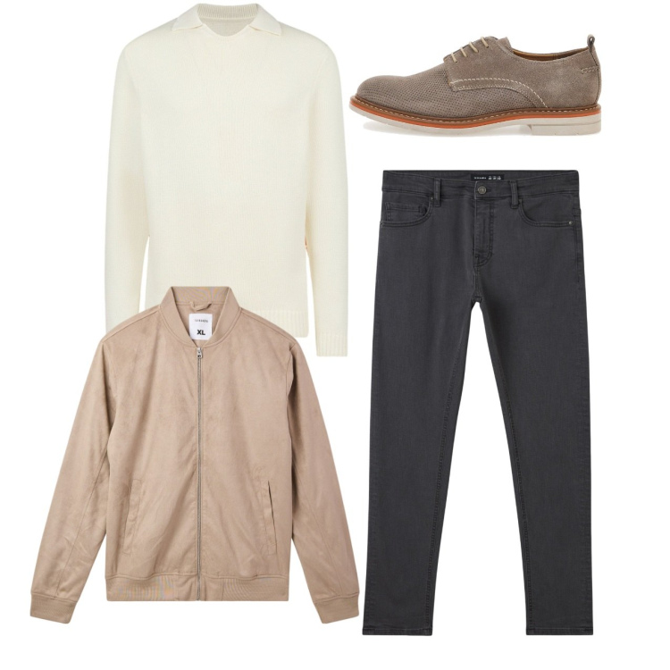 Outfit uomo - City. Stile Casual per Tutti i giorni. Abbinamento con bomber, pantaloni skinny, scarpe stringate, maglieria.