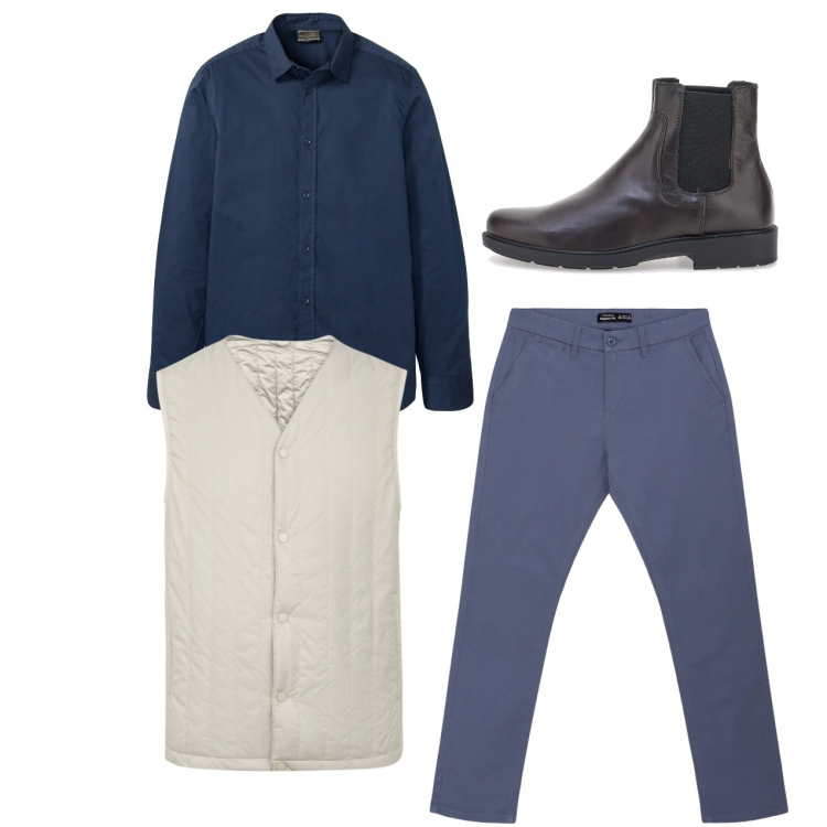 Outfit uomo - City. Stile Casual per Tutti i giorni. Abbinamento con camicie, pantaloni chino, piumini, stivali e stivaletti.