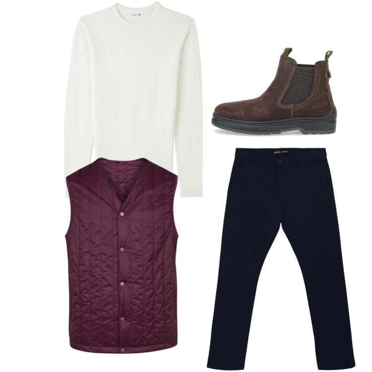 Outfit uomo - City. Stile Casual per Tutti i giorni. Abbinamento con pantaloni chino, maglieria, piumini, stivali e stivaletti.