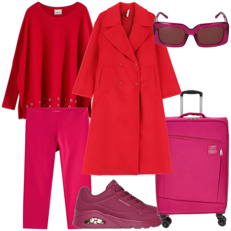 Outfit donna - Red travel. Stile Trendy per Tutti i giorni. Abbinamento con maglieria, cappotti, leggings, sneakers, occhiali da sole, valigie.