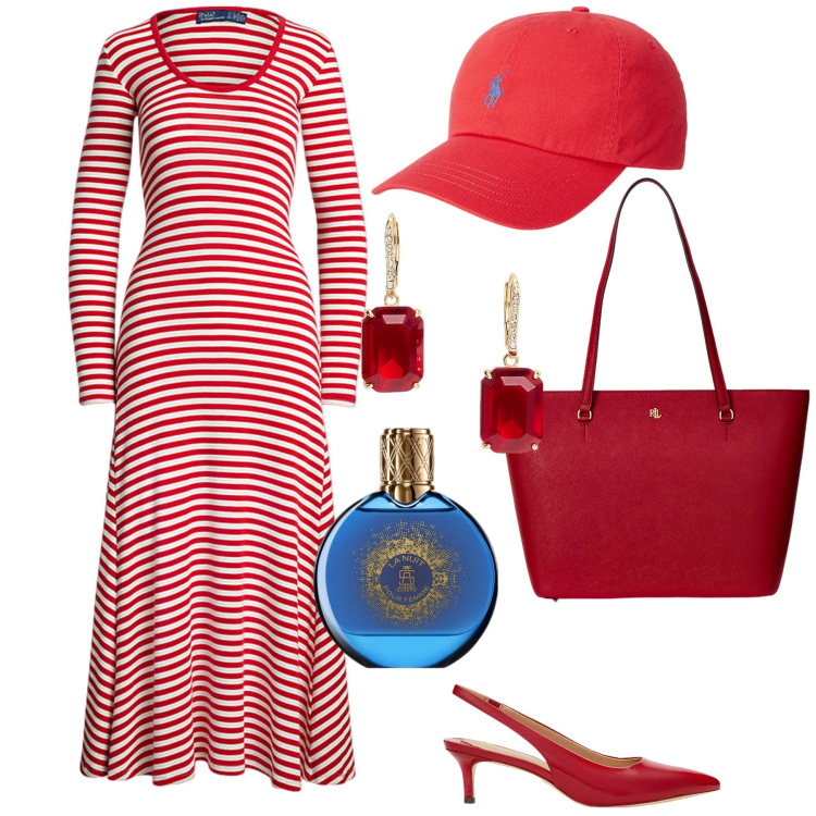 Outfit donna - Al ristorante sul mare. Stile Glamour per Serata fuori. Abbinamento con profumi, cappelli, borse tote, orecchini, décolleté, vestiti.