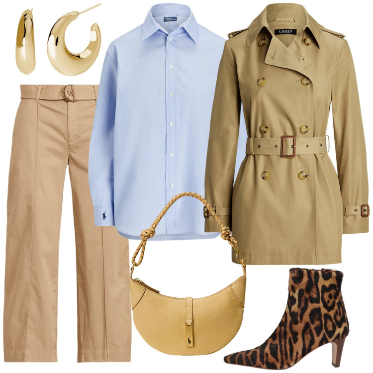 Outfit donna - Una donna forte. Stile Mannish per Ufficio. Abbinamento con stivaletti, orecchini, trench, camicie, borse a spalla, pantaloni.
