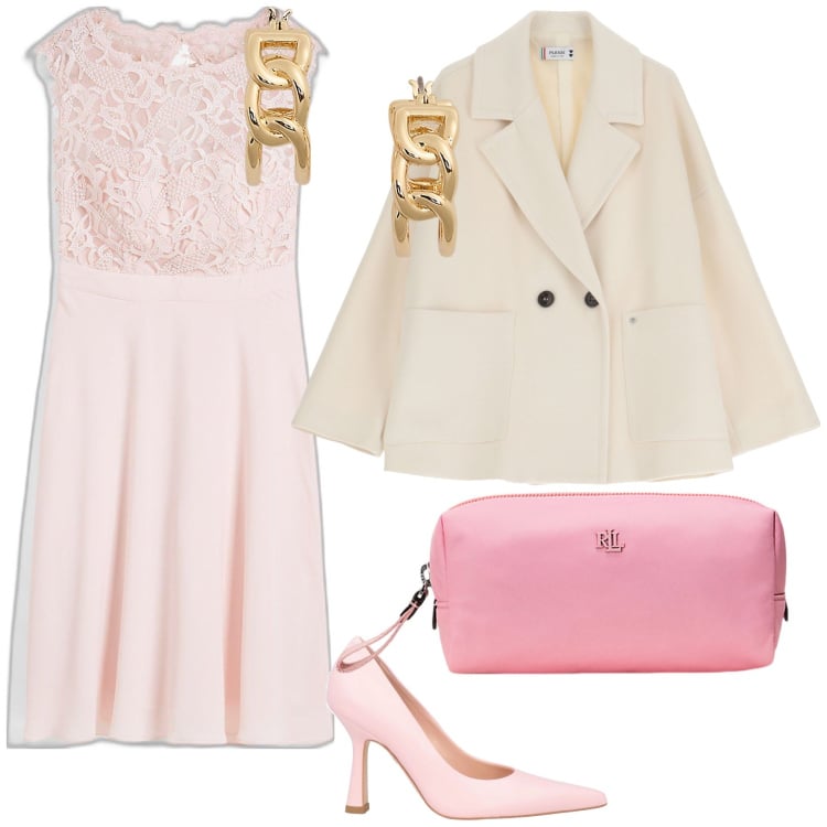 Outfit donna - Cerimonia pastello. Stile Romantica per Cerimonia. Abbinamento con vestiti corti, décolleté, blazer, pochette, orecchini.